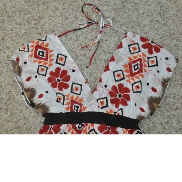 Womens Blouse Wrapper White Multi Floral Small V-Neck Shirt Tie Back Cap Sleeve - Picture 2 of 4